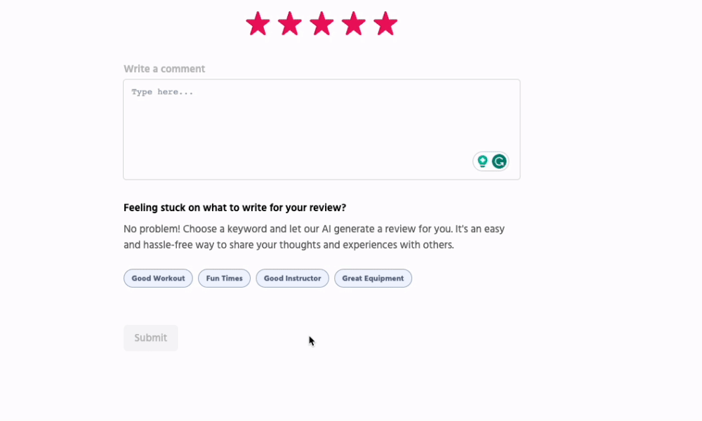 AI-review submission in TeamUp's Community Happiness tool.