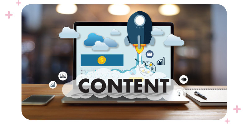 An illustration about content marketing. It shows a rocket shooting out of a laptop screen.