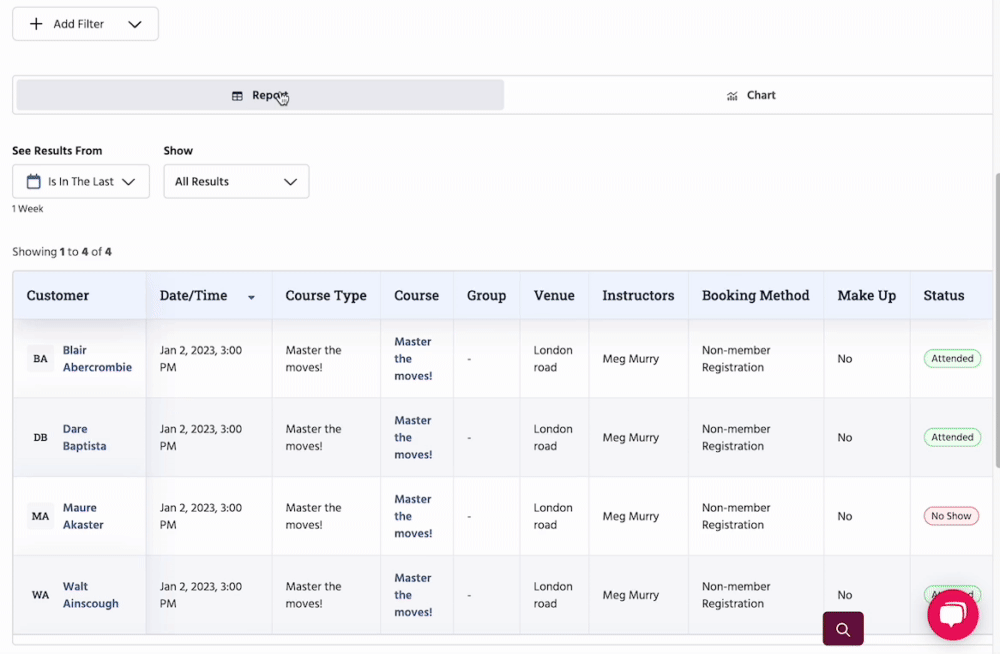 How to use the chart view on the Course Session Attendances Report.