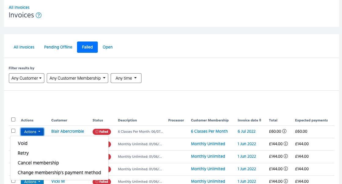 TeamUp invoices page, failed payments tab highlighted