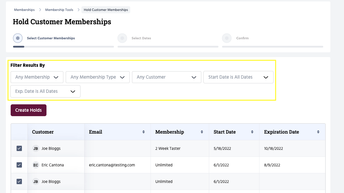 Filters in the bulk holds section of TeamUp.