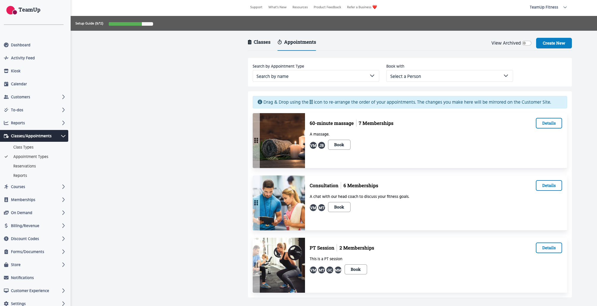 Business view of the appointments page