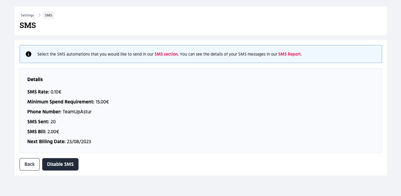 SMS subscription summary page.