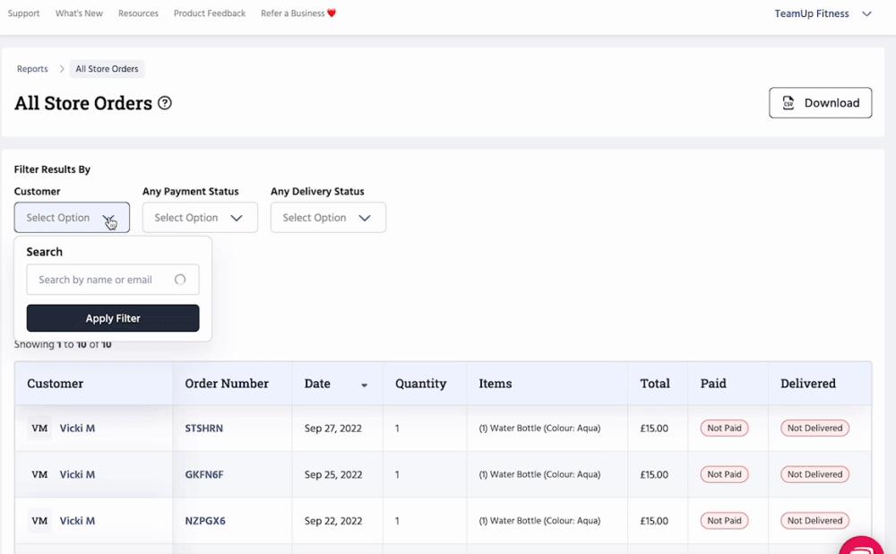 Store Orders report filters