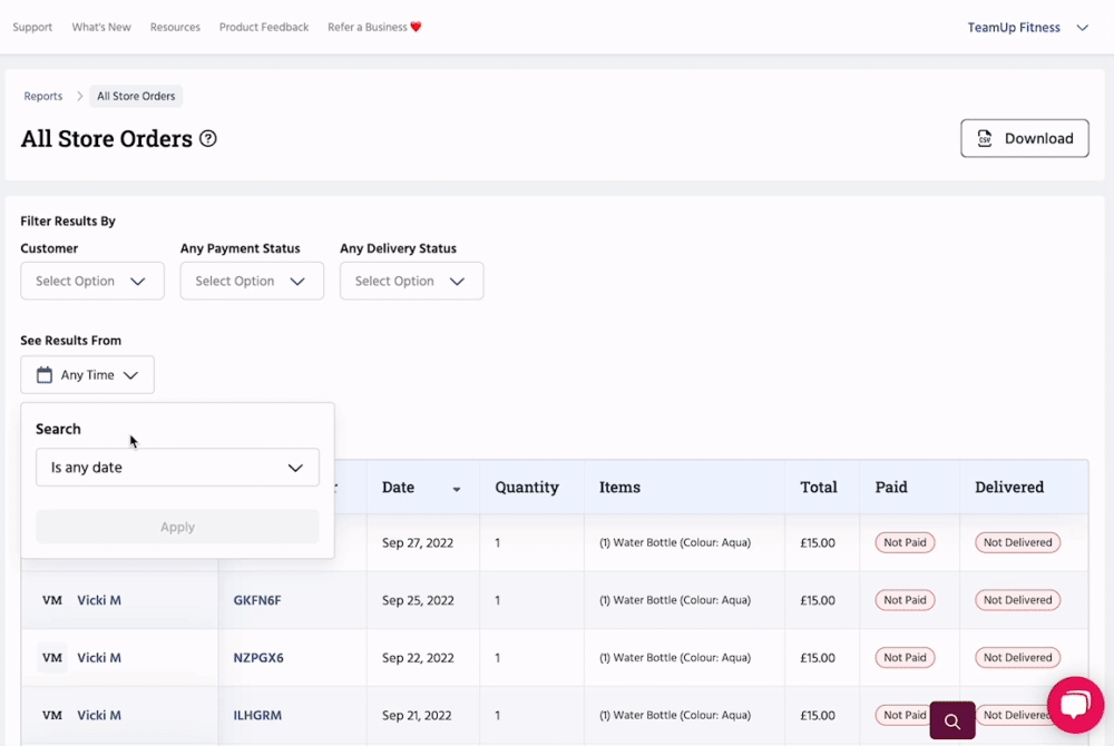Store Orders report time period filter.