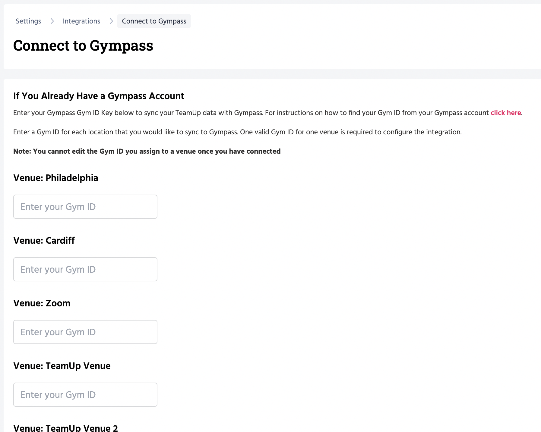 TeamUp-Gympass integration page. This page shows a list of your TeamUp venues and a field to enter a Gympass Gym ID under each one.